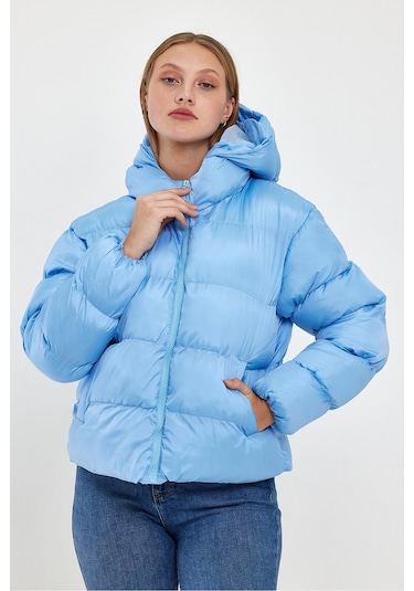 Alisse Kadın Mavi Kapüşonlu Şişme Mont Kaban Mavi