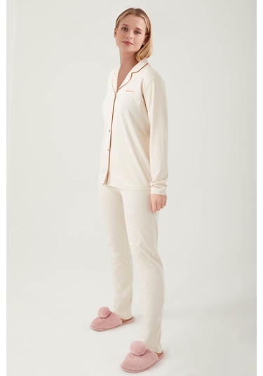 Pierre Cardin 7717 Gömlek Model Kadın Pijama Takım Bej
