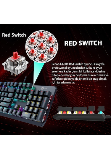 Lecoo GK301 USB Kablolu Red Switch Makrolu RGB Gaming Mekanik Türkçe Q Klavye Metalik Gri