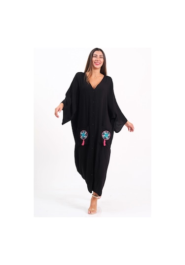 Kadın Siyah V Yaka Sırtı Ve Cepleri Nakışlı Püsküllü Oversize Uzun Elbise - Sıyah