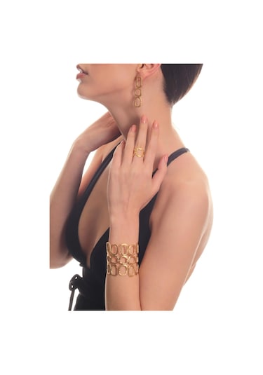 Kadın Mat Altın Kaplama Dikdörtgen Formlu Tasarım Küpe & Bileklik & Yüzük Seti Altın