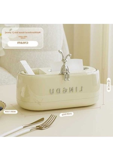 Besthome1 Krem Beyaz Tavşan Dekorlu Bezdelik Kutusu - Oturma Odası, Tv Üstü, Banyo İçin Uygun 25x13x10 Cm Pratik Havlu Saklama