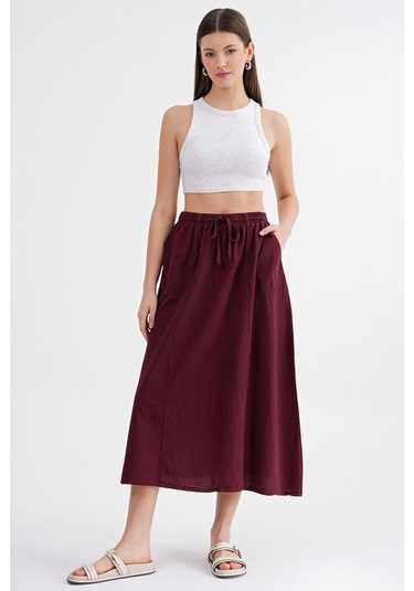 4633 Kadın Yandan Cepli Parçalı Etek Bordo Bordo