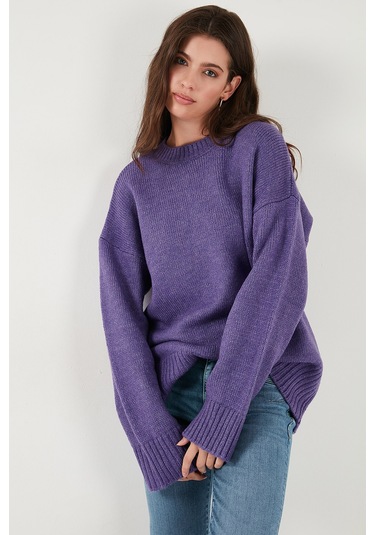 Lela Regular Fit Bisiklet Yaka Basic Triko Bayan Kazak 4616213 Mor