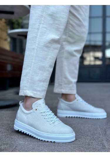 Pabucmarketi Bağcıklı Keten Erkek Ayakkabı Krem Beyaz Taban Renkli