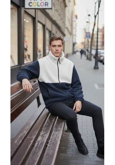 Premium Kalite Renk Bloklu, Fermuarlı, Dik Yaka, Sherpa, Polar, Peluş Ceket Lacivert - Beyaz