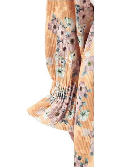 Kız Çocuk Çiçek Desenli Peluş Yelekli Midi Boy Astarlı Elbise Hardal