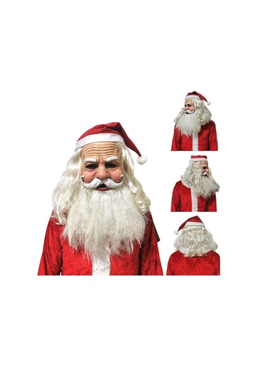 Kırmızı Noel Şapkası Ve Sakallı Lateks Gerçekçi Noel Baba Maskesi