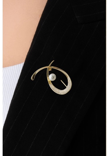 So Chic Aria İnci 18 Ayar Sarı Altın Kaplama Gümüş Broş Sarı