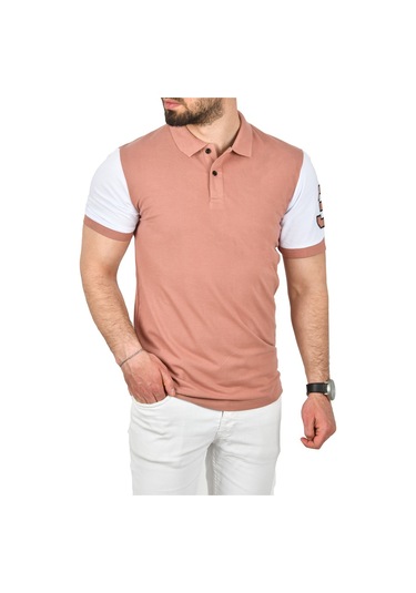 Deepsea Erkek Pudra Dar Kesim Pamuklu Polo Yaka Tişört Slim Fit Nefes Alan Kıvrılmaz Polo Yaka Tişört 2503022 Pudra