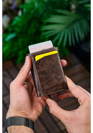 Otomatik Mekanizmalı Deri Cüzdan Kartlık Portföy Crazy Kahverengi