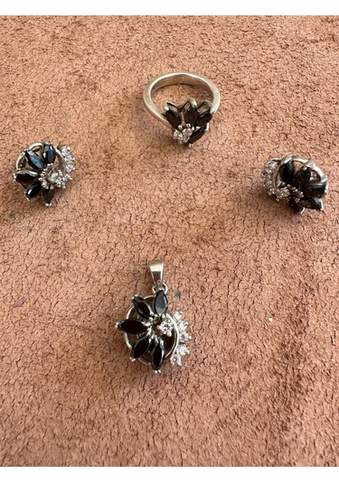 Aysesa Oniks Taşlı Kadın Gümüş Set 2küpe+kolye+yüzük 925 Ayar