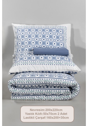 Elart Amanda Nevresim Takımı Çift Kişilik %100 Pamuk Ranforce Lastikli Çarşaf 200x220 Cm Mavi MAVI