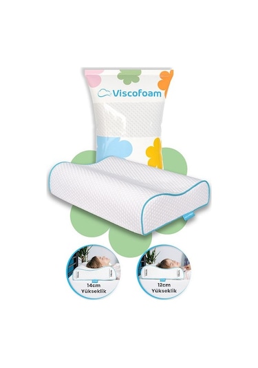 Viscofoam Yüksek Boyun Destekli Ortopedik Yastık Çift Boyun Destekli Visco Yastık - 60x40x14-12cm
