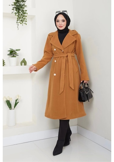 Kadın Polar Kaşe Uzun Kaban / M0107 - Camel Kahverengi