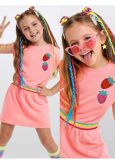 Denokids Pembe Çilek Kız Çocuk Havlu Elbise Çok Renkli