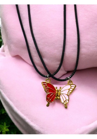 Kelebek İki Renk Iki Adet Mıknatıslı Çift Sevgili Kolye Takı Çok Renkli