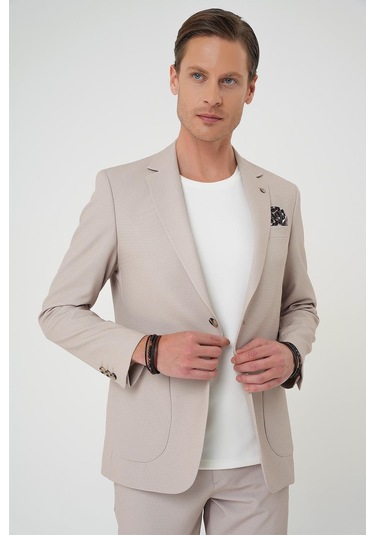 Comfort Fit Mono Yaka Çift Yırtmaç Torba Cep Kendinden Desenli Casual Bej Ceket C 705 Bej