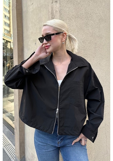 Madmext Siyah Fermuarlı Cep Detaylı Oversize Kadın Ceket Mg2188 Siyah