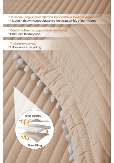Evlen Home Collection Ponponlu Çift Kişilik %100 Pamuk Yatak Örtüsü Pike Takımı Bej