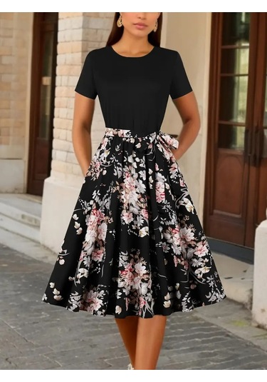 Kadın Kısa Kollu Bisiklet Yaka Çiçek Desenli Üst Viskon Alt Süprem Kısa Elbise Siyah