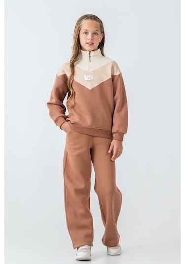 Kız Çocuk Kelebek Detaylı Yarım Fermuarlı 3 İplik Kalın Kışlık Eşofman Takımı Ak4233 Kahverengi