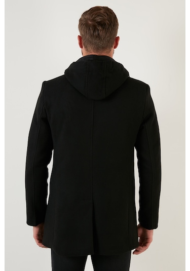 Buratti Çıkarılabilir Kapüşonlu Kırçıllı Slim Fit Kaşe Erkek Kaban 5841013 Siyah