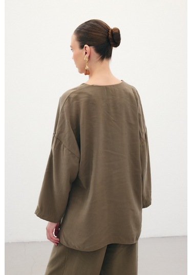 Sateen Düğmeli Kimono - Haki-136357 Haki