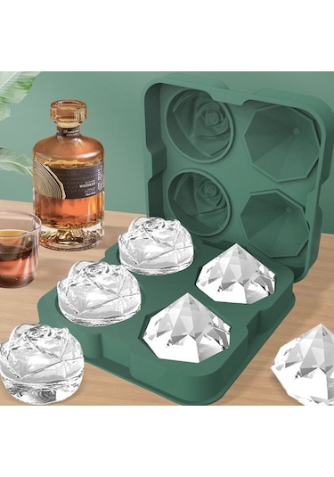 4 Delikli Gül Elmas Şekli Kokteyl Buz Küpü Kalıpları Silikon Buz Topu Makinesi, Renk: Buz Klipsli Gri Diğer