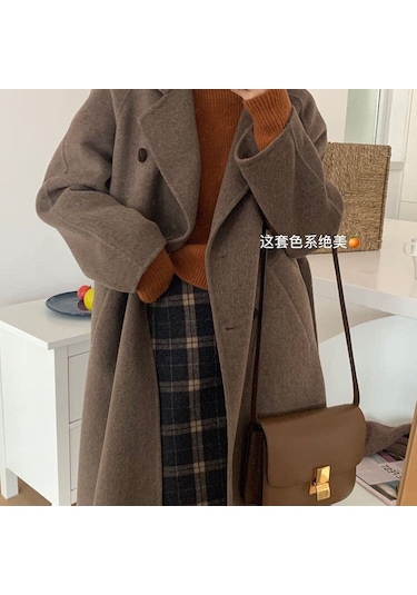 Kadınlar İçin Orta Uzunlukta Hepburn Tarzı Üst Düzey Mizaçlı Bol Yünlü Palto Kahverengi