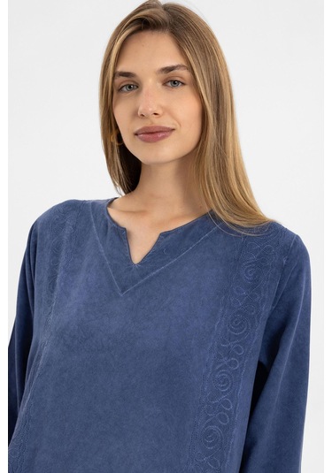 Mavi İşlemeli Uzun Kollu Astarsız Pamuklu Uzun Elbise-mavi