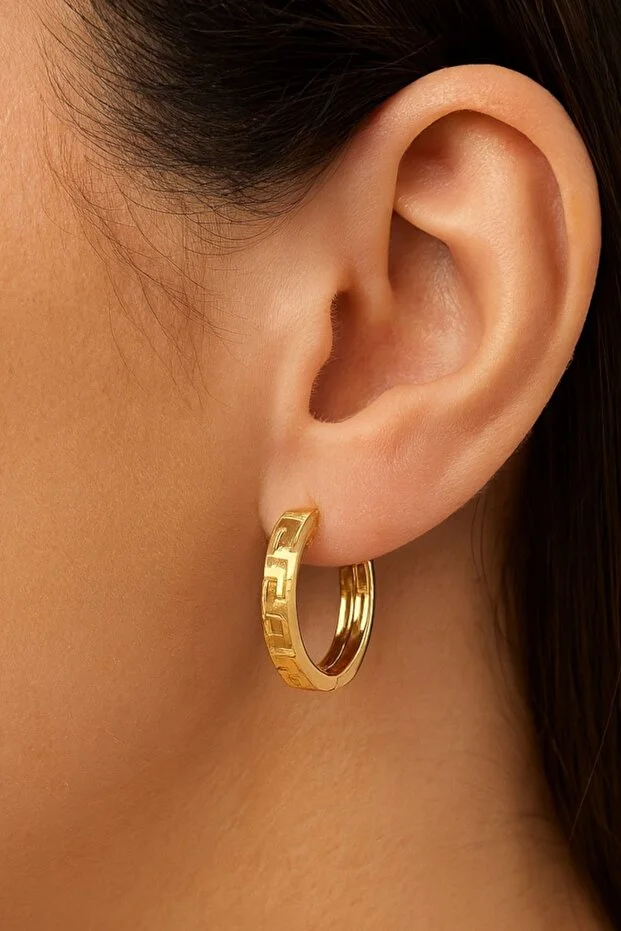 14 Ayar 1.3 Cm Desenli Halka Çift Altın Küpe Yeşil Altın