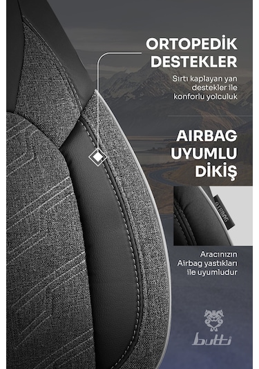 Siyah - Gri Butti Bello Serisi Keten Kumaş Premium Oto Koltuk Kılıfı Ortopedik Destekli, Ön Arka Tam Set