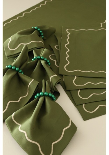 Yakacihome Florina Yeşil 4amerikanservis,1runner,4peçete, 4peçetehalkası Duck Keten Yıkanabilir Leke Tutmaz Set Haki