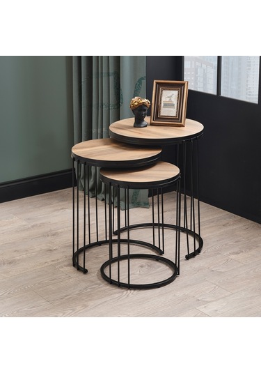 Siyah Metal Ayak Ceviz Üçlü Zigon Sehpa