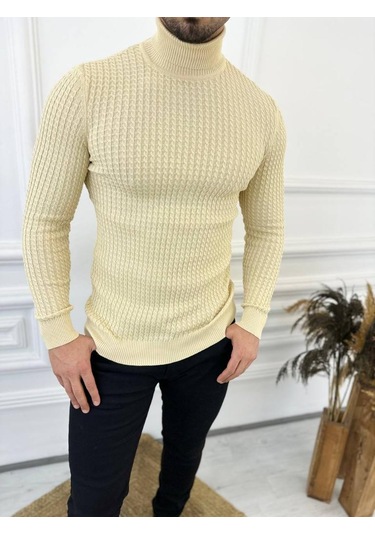 Kazak Slim Fit Tüylenmez Naturel Pamuk Triko Boğazlı Balıkçı Yaka Kazak Krem