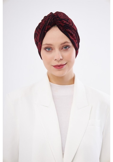 Bordo Simli Büzgülü Tesettür Bone Jakar Çiçek Desenli 2317 16 Bordo