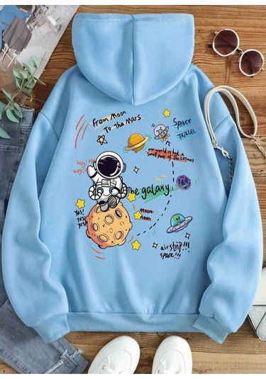 Kozia Outdoors Kopya - Malkoçbey The Galaxy Baskılı Kapüşonlu Sweatşhirt Mavi Mavi
