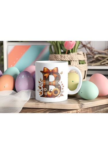 B Harfi Ekose Ve Sonbahar Temalı Kupa Bardak - Kişiye Özel Sıcak Tonlar Alfabe Kupa - Hediye Beyaz