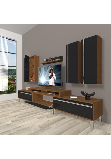 Decoraktiv Ekoflex 8d Mdf Krom Ayaklı Tv Ünitesi Tv Sehpası Ceviz - Siyah