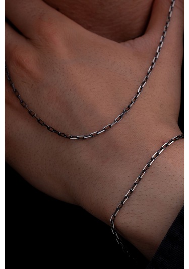 Erkek Gümüş Kolye Bileklik Set - 925 Ayar Oksitli Forse Zincir Gümüş Kolye Bileklik Set