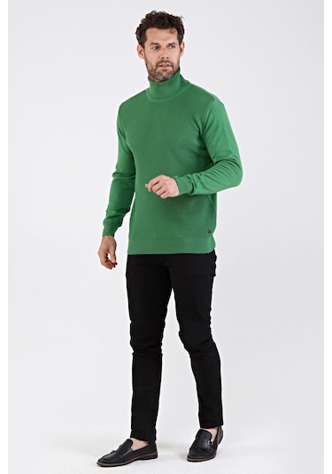 Çizgi Triko Erkek Tam Balıkçı Yaka Pamuklu Triko Kazak 4669E Yeşi Yeşil