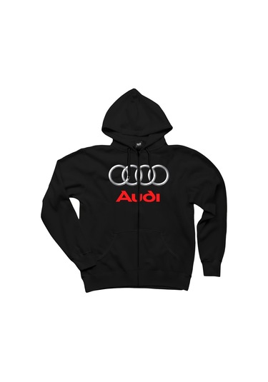 Audi Logo Fermuarlı Kapşonlu Unisex Sweatshirt Siyah