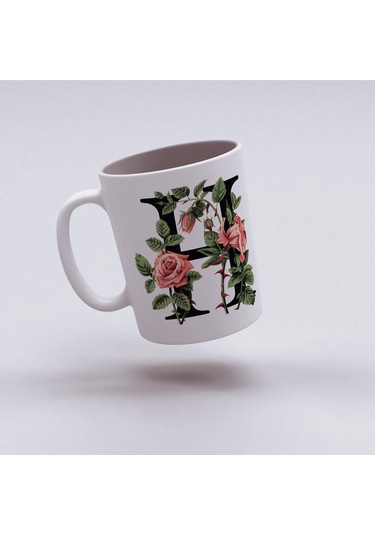 H Baş Harf Kırmızı Güller İle Sarılı Bardak 330 Ml Kişiye Özel Çiçekli Hediye Beyaz