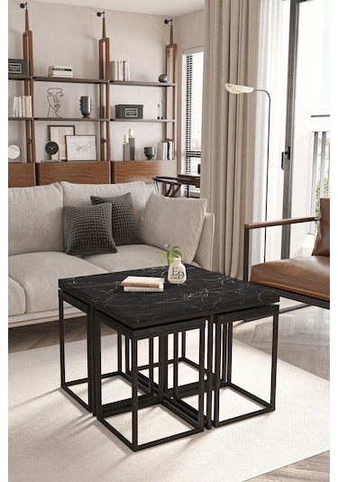 Lizbon 4+1 Kare Sehpa Takımı Siyah Metal - Siyah Mermer Tabla