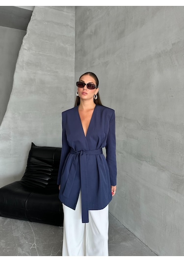 Lacivert Elegant Kuşaklı Ceket Lacivert