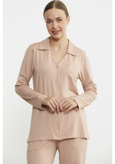 Gömlek Model Nakışlı Pijama Takım - Somon Somon