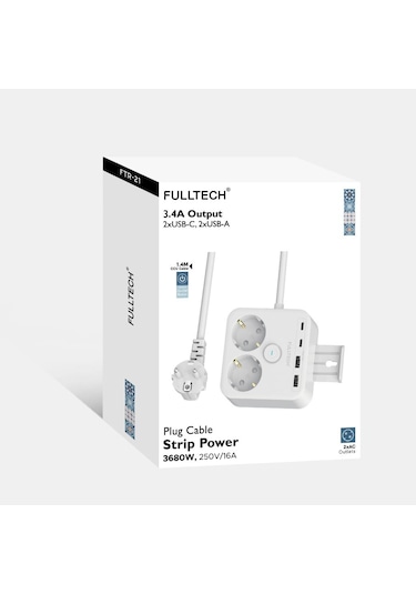 Fulltech Beyaz Termal Akım Korumalı 2'li Priz 2x Type-C 2x Usb 3680 W FTR-21