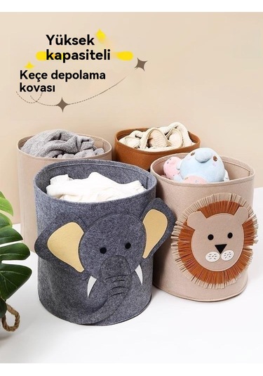 Büyük Kapasiteli Karikatür Keçe Saklama Sepeti - Koyu Gri
