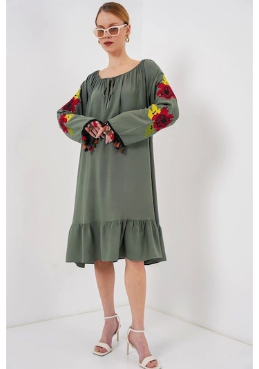 Nakışlı Midi Elbise 2531 - Haki Haki